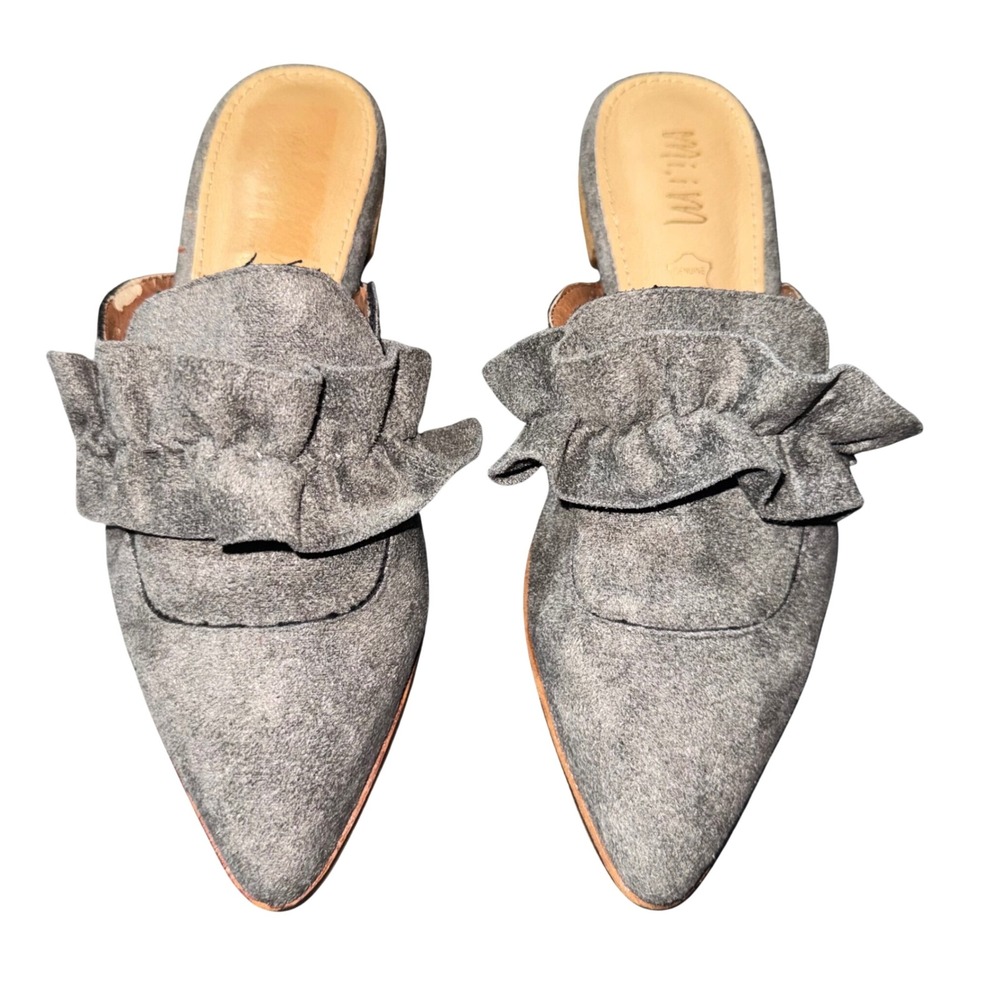 Mi.iM Gray Suede Ruffle Pointed Toe Mule Slide On Loafers Flats Genuine Leather